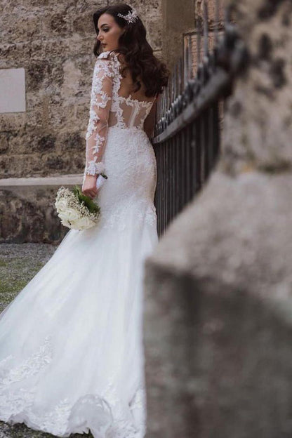 Elegant Lace Mermaid Wedding Dress With Open Back & Sleeves