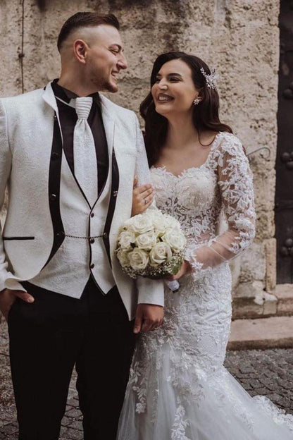 Elegant Lace Mermaid Wedding Dress With Open Back & Sleeves