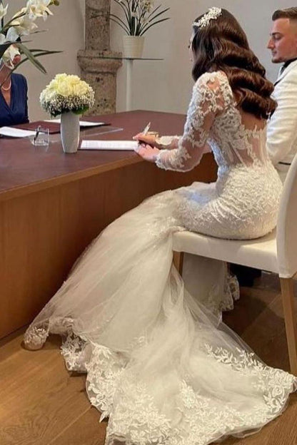 Elegant Lace Mermaid Wedding Dress With Open Back & Sleeves