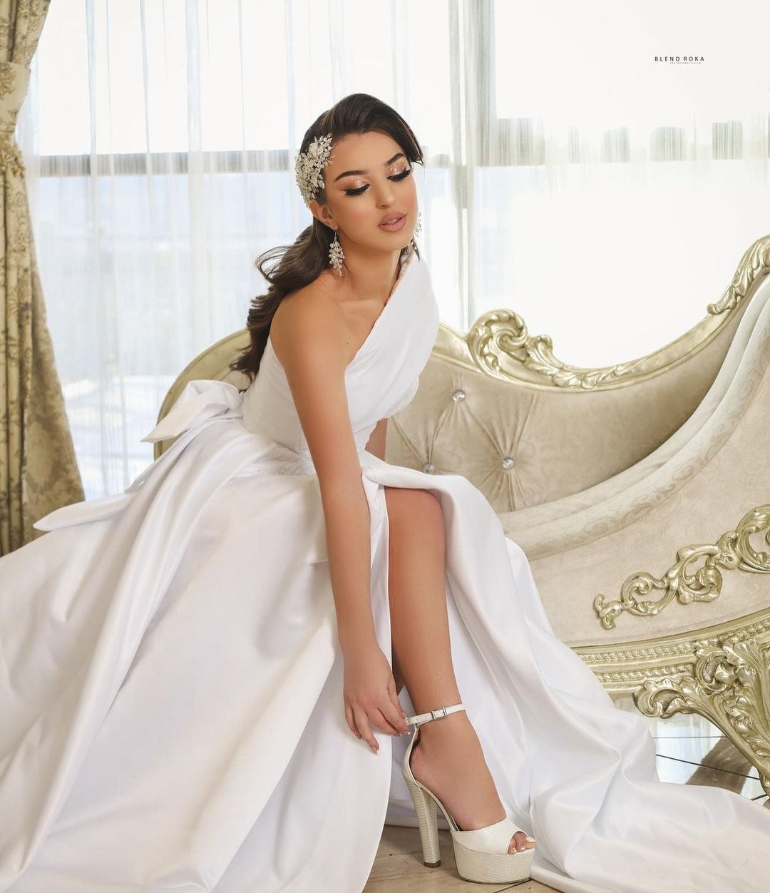 Elegant Long A-Line One Shoulder Satin Wedding Dress with Slit