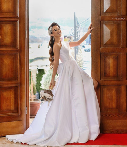 Elegant Long A-Line One Shoulder Satin Wedding Dress with Slit