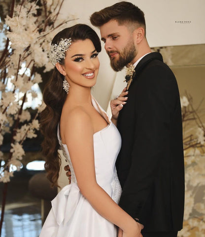 Elegant Long A-Line One Shoulder Satin Wedding Dress with Slit