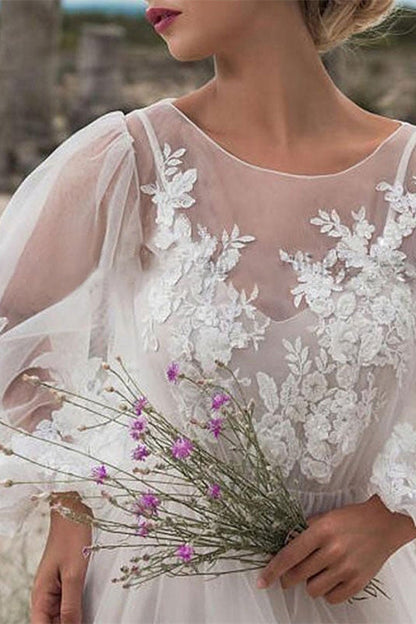 Elegant Long A-line Tulle Lace Wedding Dress with Bubble Sleeves