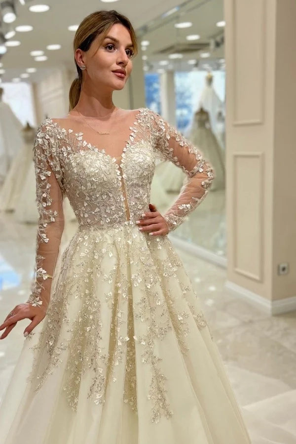 Elegant Long Sleeve Lace A-Line Wedding Dress V-Neck with Appliques