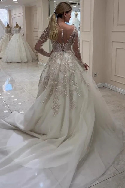 Elegant Long Sleeve Lace A-Line Wedding Dress V-Neck with Appliques