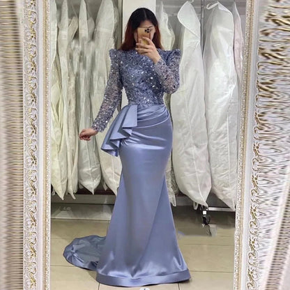 Elegant Long Sleeve Ruffles Crystal Sheath Blue Prom Dress