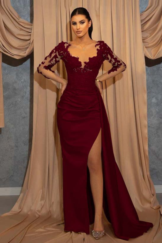 Elegant Long-Sleeve V-Neck Prom Dress with Beads Lace Appliques Ruffles Evening Dress