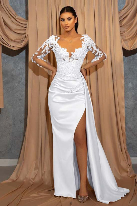 Elegant Long-Sleeve V-Neck Prom Dress with Beads Lace Appliques Ruffles Evening Dress