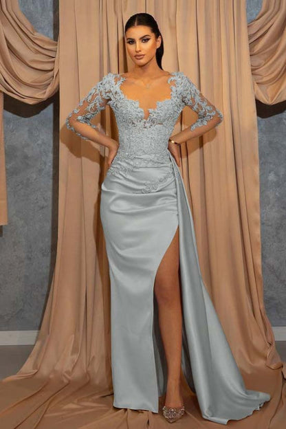 Elegant Long-Sleeve V-Neck Prom Dress with Beads Lace Appliques Ruffles Evening Dress