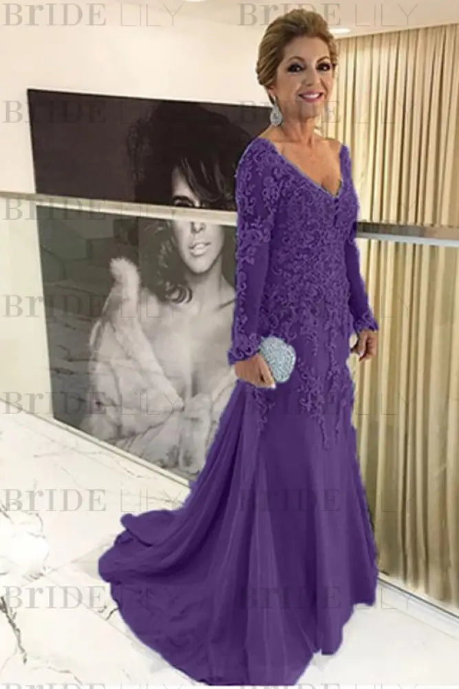 Elegant Long Sleeves Lace mother of the bride dress V-Neck
