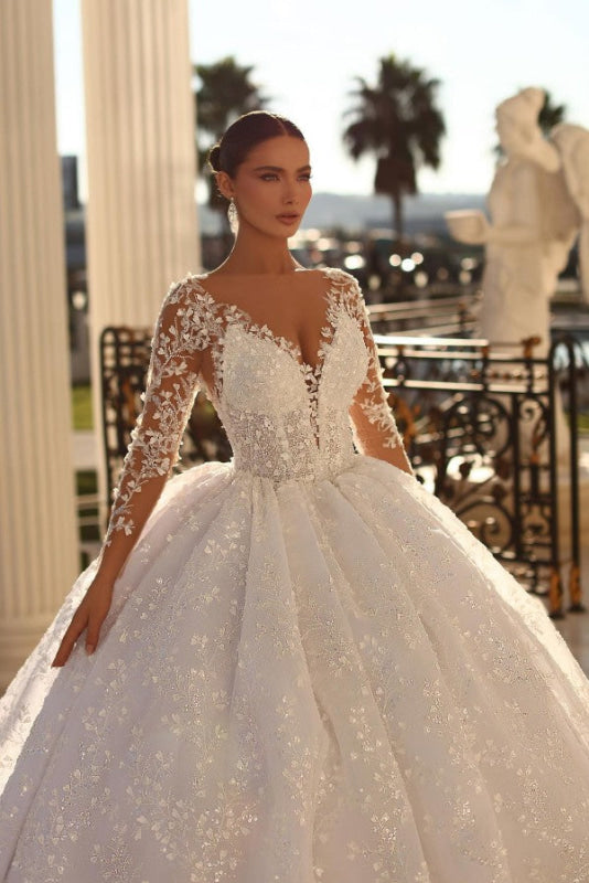 Elegant Long Sleeves Sweetheart Ball Gown Wedding Dress with Sweep Train