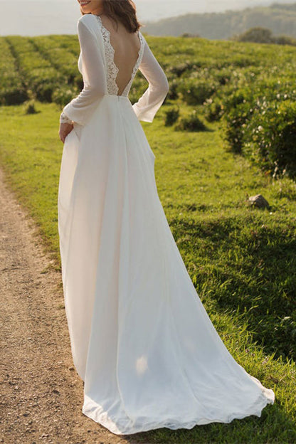 Elegant Long Sleeves Tulle Bateau Boho Wedding Dress A Line Open Back
