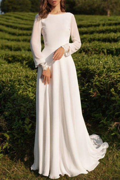 Elegant Long Sleeves Tulle Bateau Boho Wedding Dress A Line Open Back