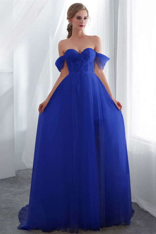 Elegant Long Tulle Wedding Dress with Off-the-Shoulder Design