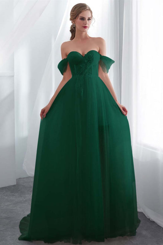 Elegant Long Tulle Wedding Dress with Off-the-Shoulder Design