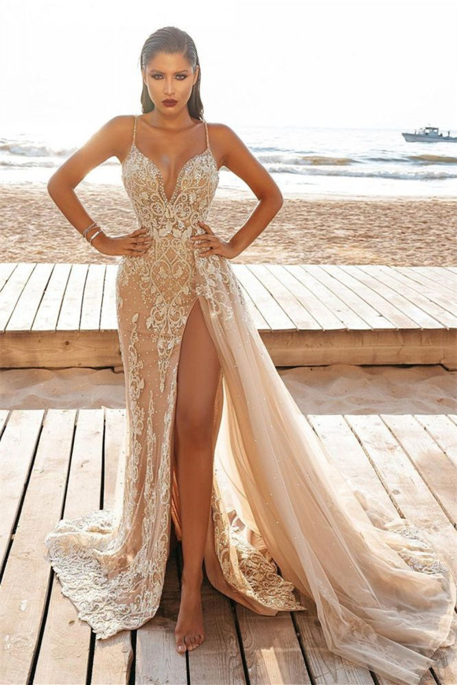 Elegant Mermaid Beadings Wedding Dress with Split - New Arrival