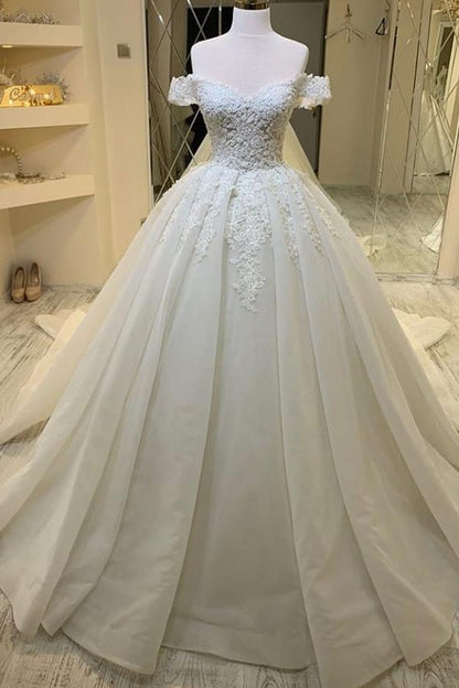 Elegant Off-the-Shoulder A-Line Sweetheart Wedding Dress with Ruffles and Appliques Lace
