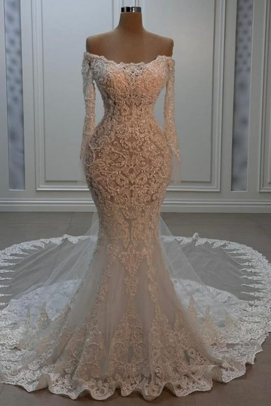 Off-the-Shoulder Appliques Lace Mermaid Wedding Dress with Chapel Train
