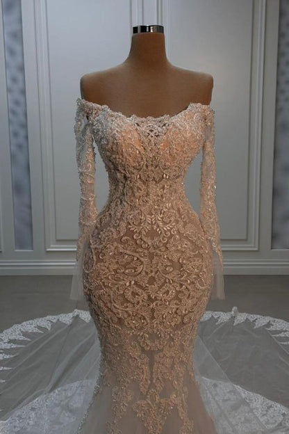 Off-the-Shoulder Appliques Lace Mermaid Wedding Dress with Chapel Train