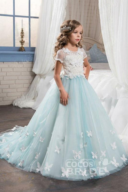 Elegant Pink Ball Gown with Short Sleeves and Lace Buttons for Girls