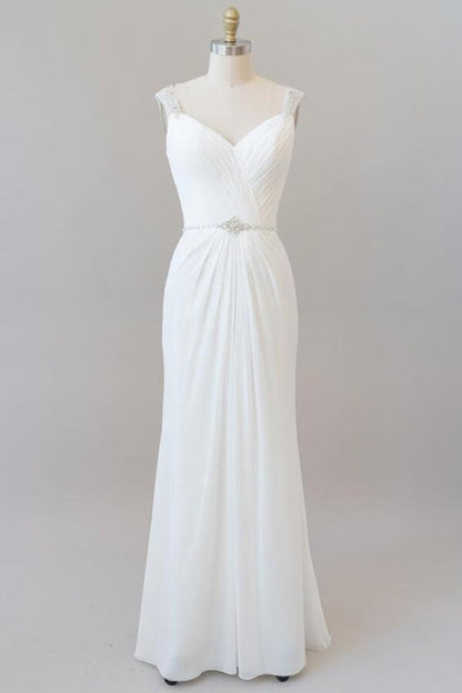 Elegant Ruffle Beading Chiffon Sheath Wedding Dress