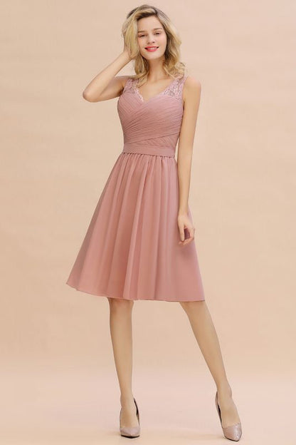 Elegant Ruffle Chiffon Short Bridesmaid Dress Sleeveless V-Neck Aline Knee Length Homecoming Dress