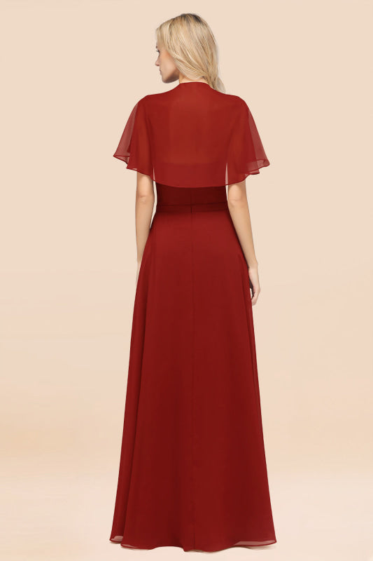 Elegant Satin V-Neck Chiffon Bridesmaid Dress Long with Flutter Sleeve