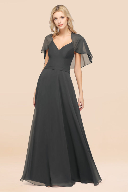 Elegant Satin V-Neck Chiffon Bridesmaid Dress Long with Flutter Sleeve