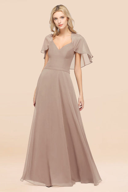 Elegant Satin V-Neck Chiffon Bridesmaid Dress Long with Flutter Sleeve