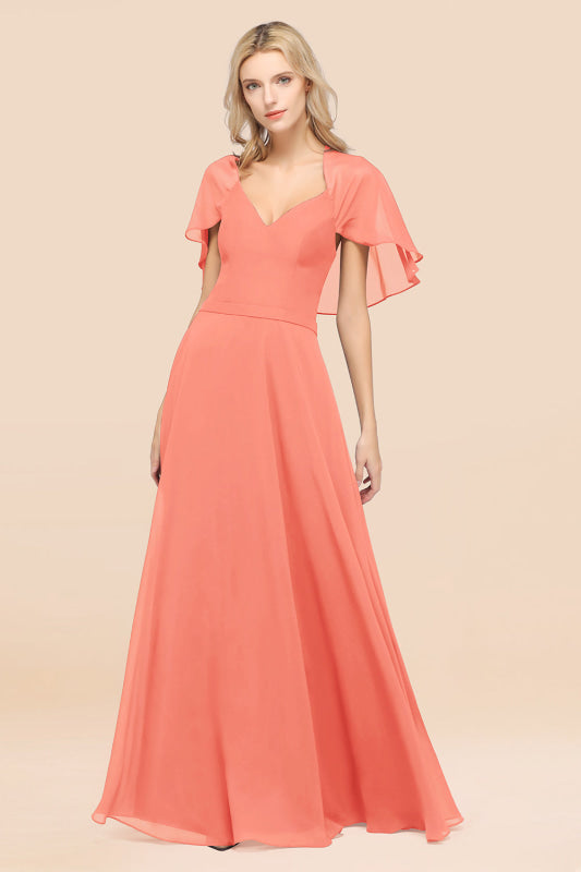 Elegant Satin V-Neck Chiffon Bridesmaid Dress Long with Flutter Sleeve