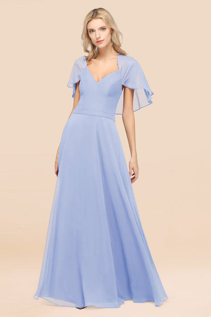 Elegant Satin V-Neck Chiffon Bridesmaid Dress Long with Flutter Sleeve