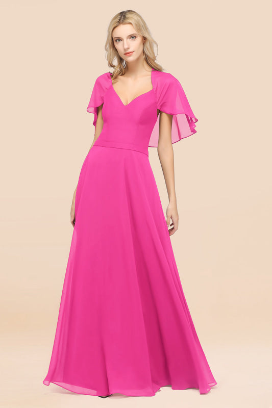 Elegant Satin V-Neck Chiffon Bridesmaid Dress Long with Flutter Sleeve
