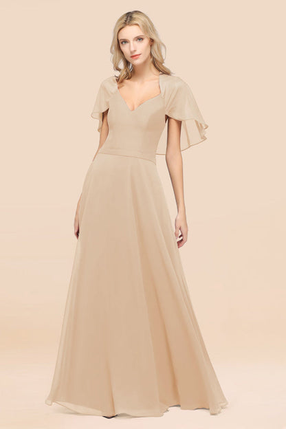 Elegant Satin V-Neck Chiffon Bridesmaid Dress Long with Flutter Sleeve