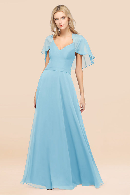 Elegant Satin V-Neck Chiffon Bridesmaid Dress Long with Flutter Sleeve