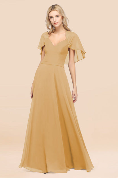 Elegant Satin V-Neck Chiffon Bridesmaid Dress Long with Flutter Sleeve