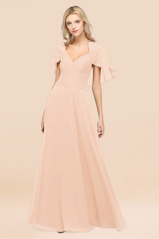 Elegant Satin V-Neck Chiffon Bridesmaid Dress Long with Flutter Sleeve