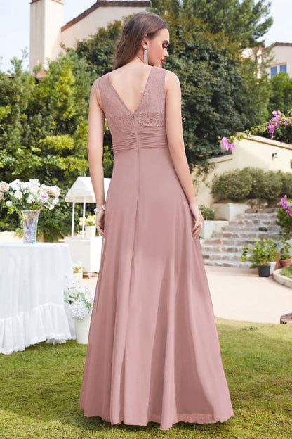 Elegant Scoop Neck Chiffon Long Evening Dress Sleeveless Floral Lace Aline Party Wear Dress
