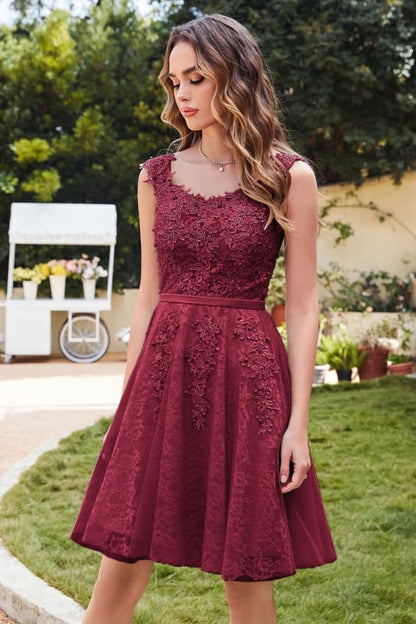 Elegant Scoop Neck Tulle Lace Short Homecoming Dress Sleeveless Appliques Mini Party Dress