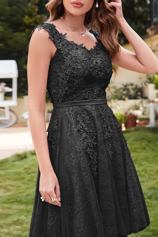 Elegant Scoop Neck Tulle Lace Short Homecoming Dress Sleeveless Appliques Mini Party Dress