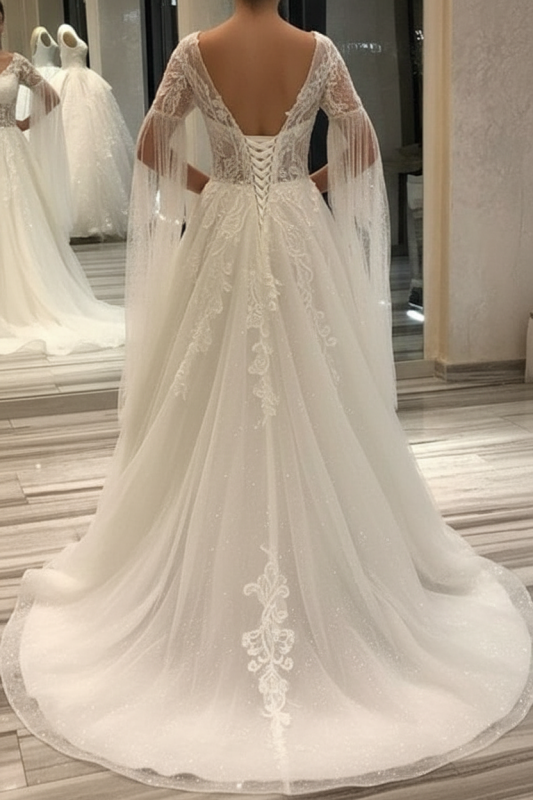 Elegant Short-Sleeve Lace A-Line Wedding Gown Deep V-Neck Pearls Bridal Dress