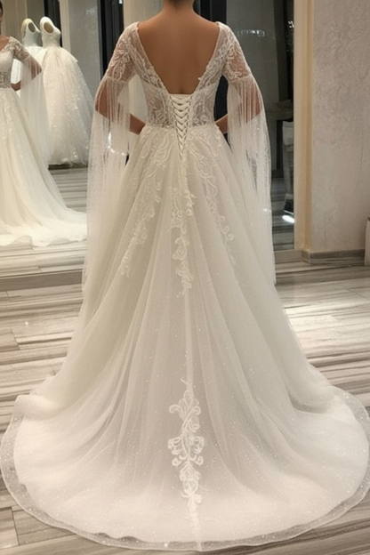 Elegant Short-Sleeve Lace A-Line Wedding Gown Deep V-Neck Pearls Bridal Dress