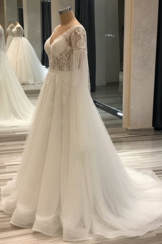 Elegant Short-Sleeve Lace A-Line Wedding Gown Deep V-Neck Pearls Bridal Dress
