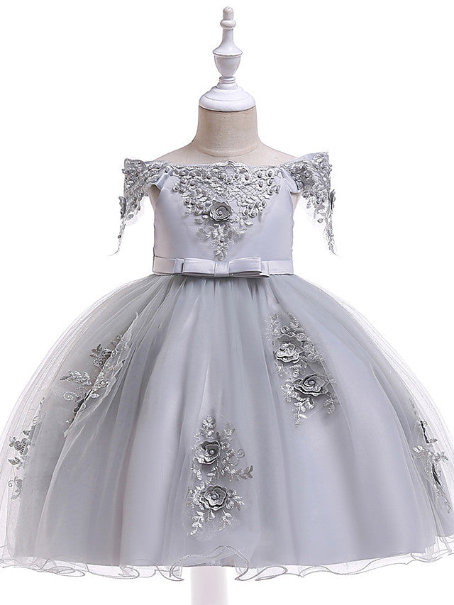 Elegant Short Sleeve Off Shoulder Above Knee Flower Girl Dress with Satin Tulle Lace Beadings and Appliques