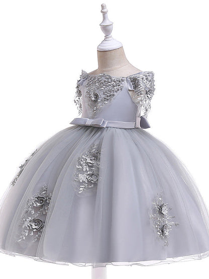 Elegant Short Sleeve Off Shoulder Above Knee Flower Girl Dress with Satin Tulle Lace Beadings and Appliques
