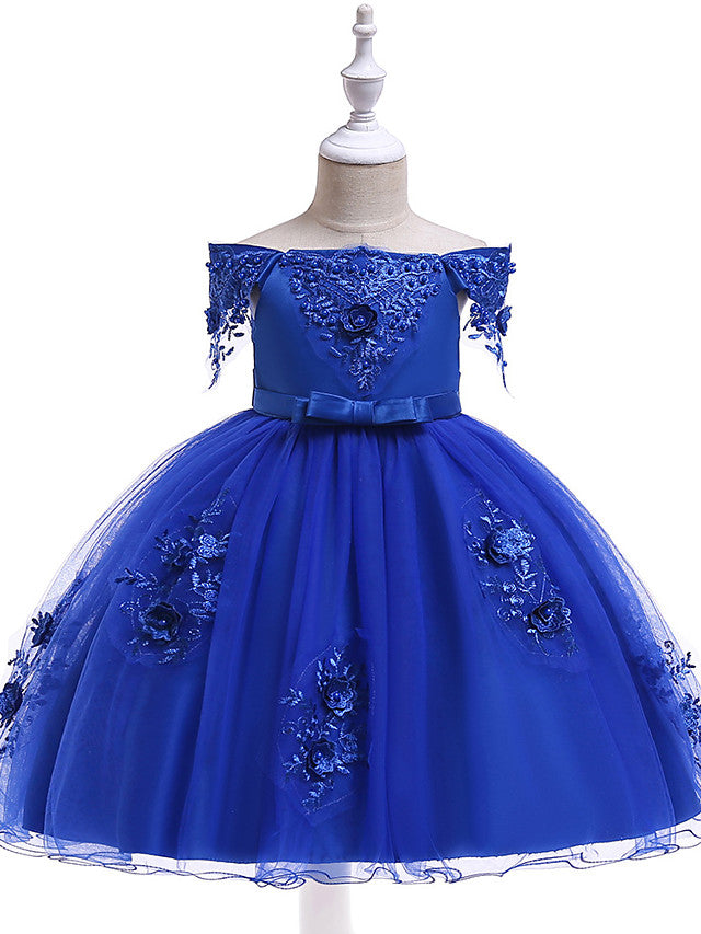 Elegant Short Sleeve Off Shoulder Above Knee Flower Girl Dress with Satin Tulle Lace Beadings and Appliques