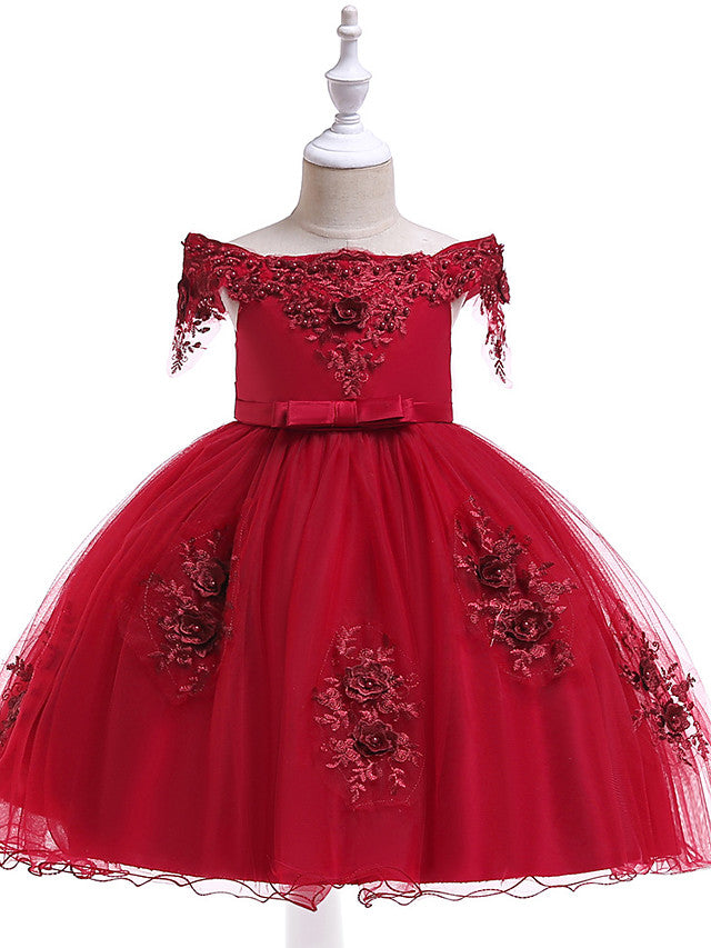 Elegant Short Sleeve Off Shoulder Above Knee Flower Girl Dress with Satin Tulle Lace Beadings and Appliques