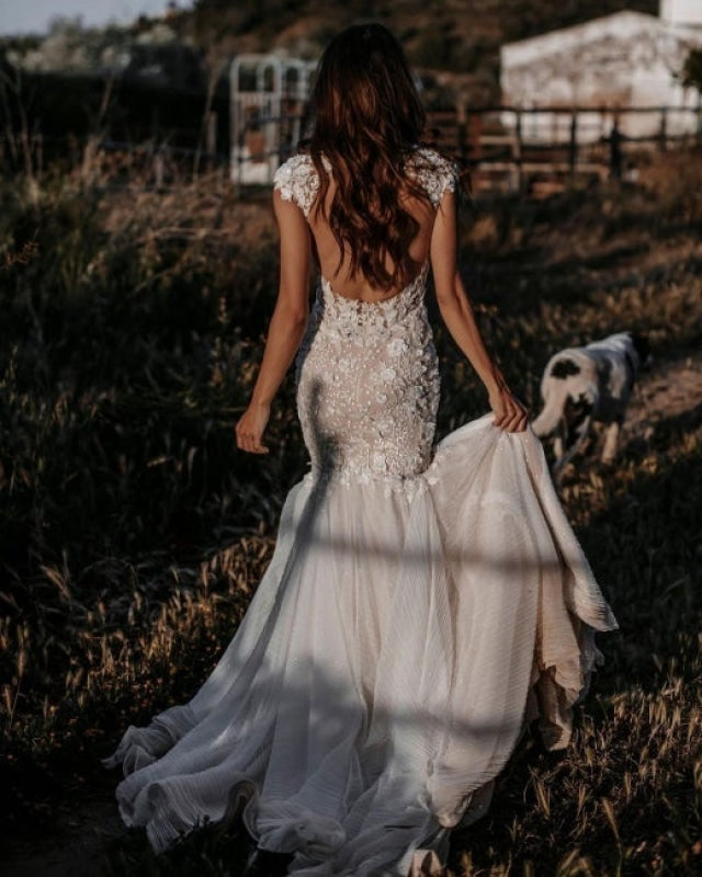 Elegant Sleeveless Mermaid Lace Wedding Dresses V-neck