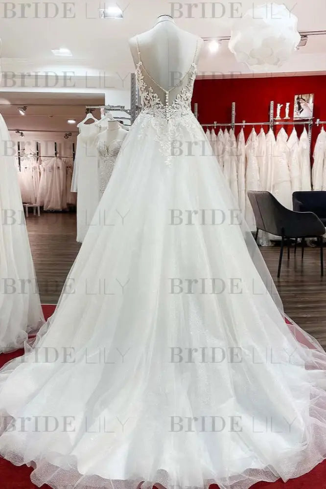 Elegant Tulle Lace A-line Wedding Dress V-neck with Spaghetti Straps