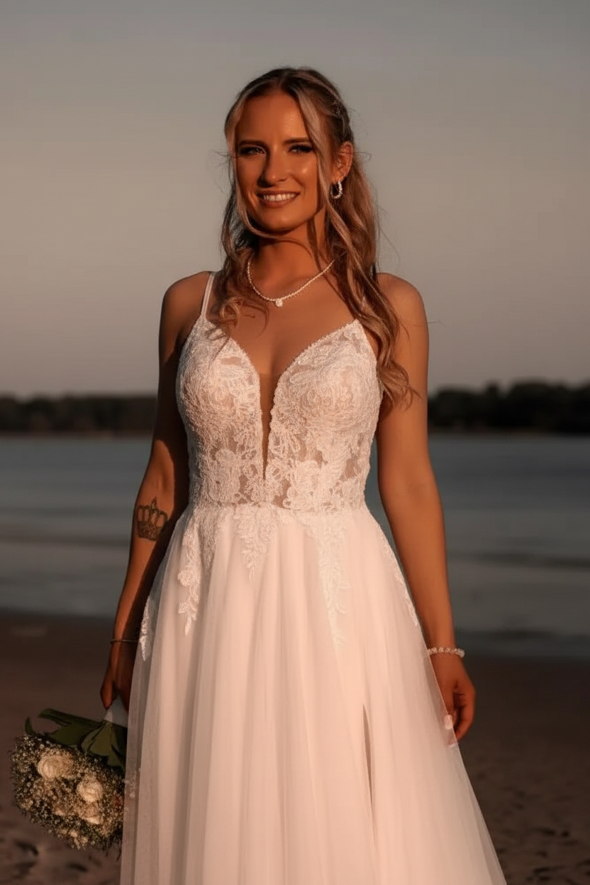 Elegant Tulle V-Neck Empire Wedding Dresses With Front Split