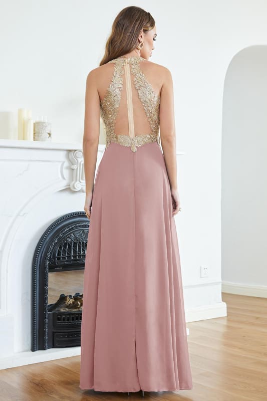 Elegant V-Neck Chiffon Long Evening Dress Sleeveless Gold Appliques Aline Special Occasion Dress
